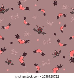 Gift wrapping paper seamless pattern with devil hearts and bats, halloween children vector illustration background for devil girl art