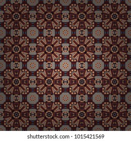 Gift wrapping paper. Symmetrical layout. Colorful ethnic patterned background in brown, black and orange colors. Seamless abstract vector geometric pattern. Bed sheets and interior.
