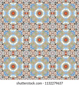 Gift wrapping paper. Symmetrical layout. Bed sheets and interior. Colorful ethnic patterned background in blue, beige and gray colors. Seamless abstract vector geometric pattern.