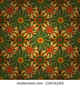 Gift wrapping paper. Symmetrical layout. Bed sheets and interior. Colorful ethnic patterned background in green, orange and yellow colors. Seamless abstract vector geometric pattern.