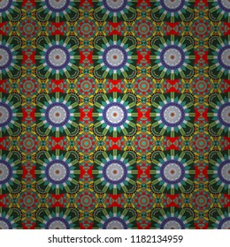 Gift wrapping paper. Symmetrical layout. Bed sheets and interior. Colorful ethnic patterned background in blue, green and red colors. Seamless abstract vector geometric pattern.