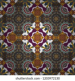 Gift wrapping paper. Symmetrical layout. Bed sheets and interior. Colorful ethnic patterned background in brown, purple and gray colors. Seamless abstract vector geometric pattern.