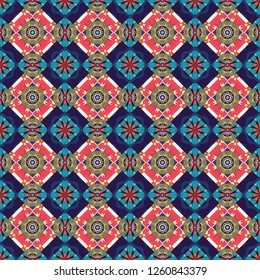 Gift wrapping paper. Symmetrical layout. Bed sheets and interior. Colorful ethnic patterned background in gray, beige and blue colors. Seamless abstract vector geometric pattern.