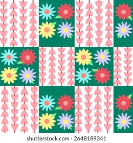 Gift wrapping with patterns in pink, green, red, and blue, cute, checkered, hearts, and flowers.illustration,graphic,design	
