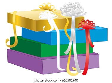 Gift wrapping - pile of unpacked gift boxes with ribbon bows in different colors. Isolated vector illustration on white background.