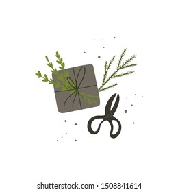 Gift wrapping. Present wrapped box, Christmas tree branch and retro scissors. Flat lay hand drawn doodle style concept illustration. Stock vector