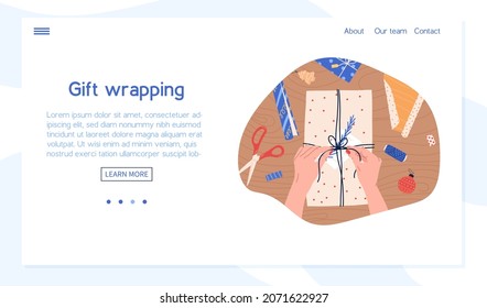 Gift wrapping process, landing or web page template - flat vector illustration. 