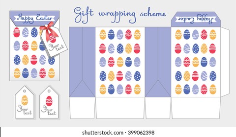 Gift wrapping scheme. Happy Easter. Packing box template. Bonbonniere with label for celebrations. Cute pattern with Easter eggs. Orange, blue, red, white color. 