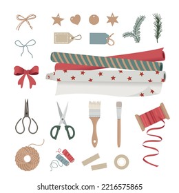 Gift wrapping set of elements. Wrapping paper, scissors and ribbons in flat style illustration. Christmas and New Year