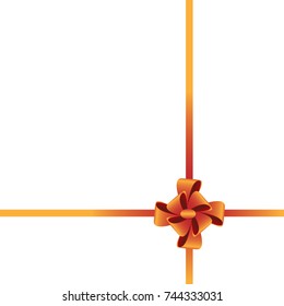 Gift wrapping for square box, bow and ribbons in golden and red colors. Design element for greeting card, gift certificate, invitation. Template with place for text. Vector. Isolated.