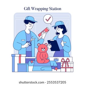 Gift Wrapping Station concept. Employees prepare presents at a station with festive enthusiasm. Service, teamwork, and holiday preparation scene. Vector illustration.