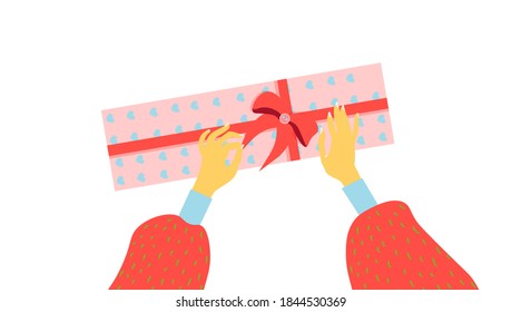 Gift wrapping. Unpacking gifts. Hands holding a box.Trendy Christmas illustration.