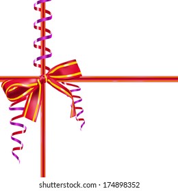 Gift wrapping in white. Red ribbon with gold stripes and streamers.