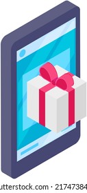 Gift wraps on box with bow in smartphone screen. Packagings wrapped around presents. Gifts for holidays online order with phone and delivery. Holiday gift in bright packaging decorated with bow