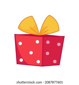 Geschenk mit einer gelben Schleife in einer roten Box mit Polka-Punkten. Vektorgrafik für einen Urlaub in einem Cartoon-Kinderstil. Einzeln lustige Clipart-Kunst auf weißem Hintergrund. Ruhiger Druck zum Geburtstag und Feiertag.