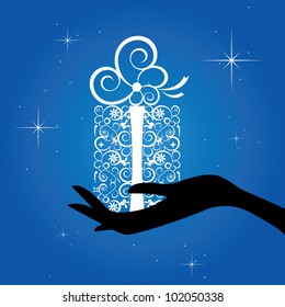 A gift for you -a hand holding an elegant gift box, design element, vector illustration