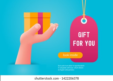 Gift for you concept. Hand holding gift box. Cartoon vector illustration