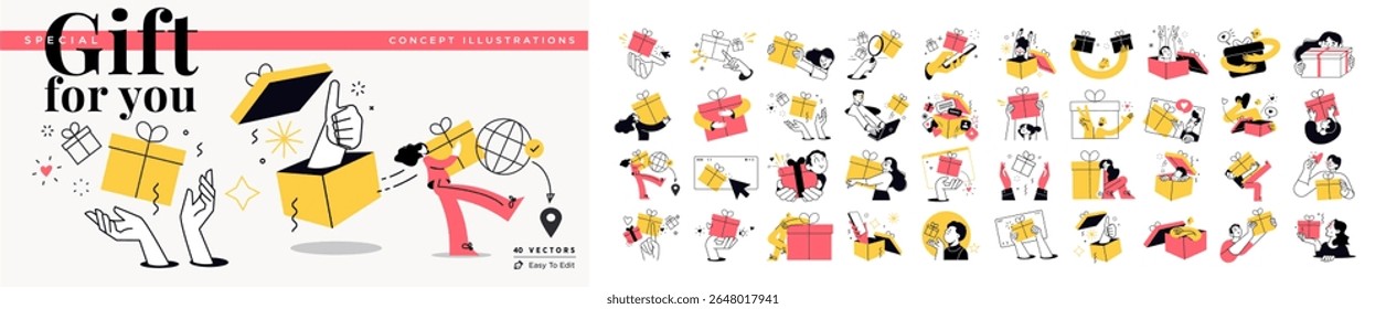 Presente para você ilustrações conceito. Conjunto de pessoas ilustrações vetoriais em várias atividades de e-commerce, entrega, compras, dar ou enviar presentes, surpresas e celebrações.