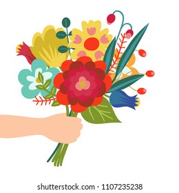 Gift for you. Flower bouquet in hand illustration in flat style. Isolated on white background.