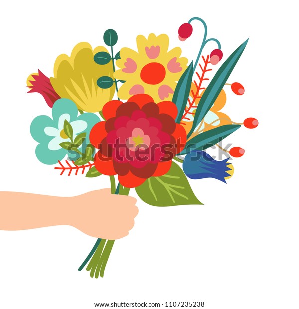 Gift for you. Flower\
bouquet in hand illustration in flat style. Isolated on white\
background.