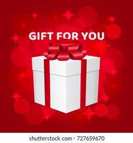 Gift for you typography template, red bokeh blurry shiny backdrop with sparkles. Realistic white gift box with beautiful red bow vector illustration. For marketing promotion, gift action, offer, etc.