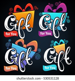 Gift for you, vector congratulation emblem collection with lettering composition and present box on dark background