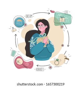 Gift and young woman illustration .Female in glasses holding present with bow and smile.Concept of life, hobbies, important things,sport,coffee cup,ring,home ,lip.Cartoon  style.Happy woman love gifts