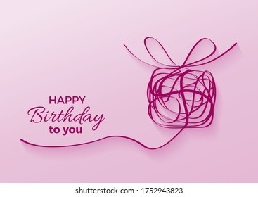 Un regalo para tu feliz cumpleaños. Rastreo vectorial de caja femenina hecha con alambre púrpura en fondo rosa