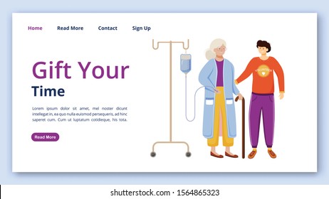 Gift your time landing page vector template. Charity website interface idea with flat illustrations. Nursing home homepage layout. Elderly people care web banner, webpage cartoon concept