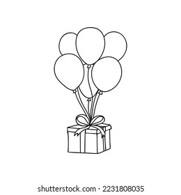 Giftbox with balloons doodle illustration in vector. Balloons holding gift box hand drawn illustration. Birthday, Merry Christmas and New Year festive banner design, greeting card