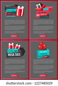 Giftbox with bow, saving money by buying presents on discounts offer, promo banners. Hot price, buy now exclusive product on sale web pages template vector.