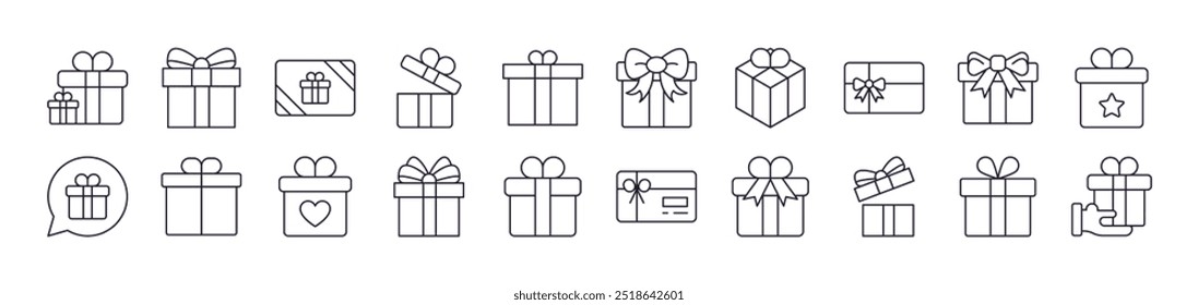 Giftbox, Box for Present Outline Web Line Icons Collection. Editable Stroke. Minimalistic Linear Pictogram for Design of Cards, Apps, Banners, Posts