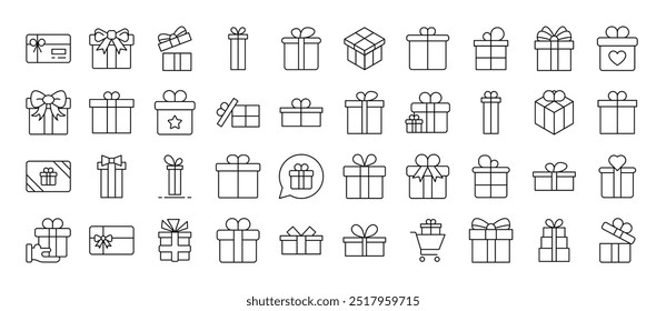 Giftbox, Box for Presents Bundle of Thin Icons. Editable Stroke. Suitable for Web Sites, Books, Cards, Apps 