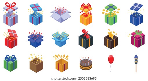 Giftbox confetti explosion icons set. Set of colorful gift boxes opening with confetti, balloons, cake, firework and other surprise elements isometric icons