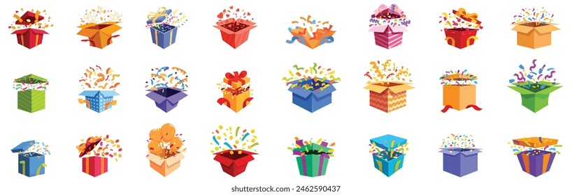 Giftbox confetti explosion vector. A collection of colorful boxes with one of them having a large explosion. The boxes are arranged in a row and are all different sizes