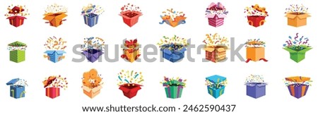 Giftbox confetti explosion vector. A collection of colorful boxes with one of them having a large explosion. The boxes are arranged in a row and are all different sizes