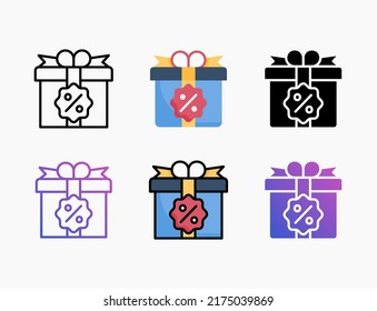 Giftbox Discount Sale icon set with line, outline, flat, filled, glyph, color, gradient. Editable stroke and pixel perfect. Can be used for digital product, presentation, print design and more.