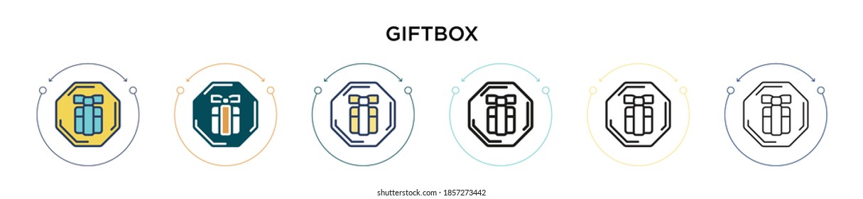 Giftbox icon in filled, thin line, outline and stroke style. Vector illustration of two colored and black giftbox vector icons designs can be used for mobile, ui, web