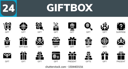 conjunto de iconos giftbox. 24 iconos de caja fuerte rellenos.  Colección de - Regalo, Sorpresa, Regalo, Regalo, Regalos