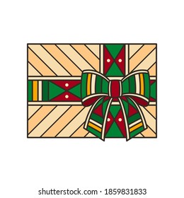 Giftbox in kente style - isolated vector illustration. Kente is traditional african colorful textile, like fabric or ribbons. Also symbol of Kwanzaa, festival of african-american unity