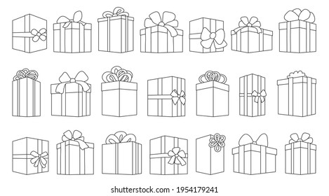 Geschenkbox Umriss Vektorgrafik Set Illustration von Symbol.Einzige Kollektionsgrafik Umriss von Schachtel Geschenk auf weißem Hintergrund.Vektorsymbol von Geschenkbox für Gegenwart .