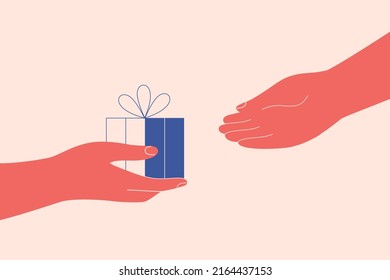 Giftbox is passing from hand to hand. Friend shares present or surprise gift for another person. Concept of celebration birthday or some anniversary. Vector illustration.