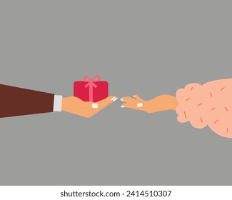 Giftbox is passing from hand to hand. Friend shares present or surprise gift for another person. Concept of celebration birthday or some anniversary. Vector illustration.