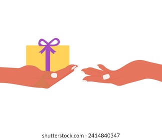 Giftbox is passing from hand to hand. Friend shares present or surprise gift for another person. Concept of celebration birthday or some anniversary. Vector illustration. 
