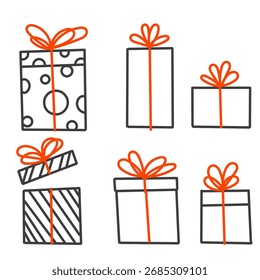 giftbox present with red ribbon collection in doodle hand drawing