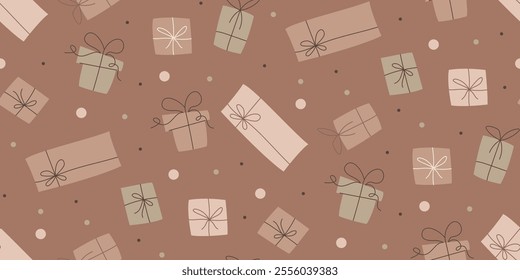 Giftbox with ribbon bowknot seamless pattern. Hand drawn elements on mocha background. Doodle vector design