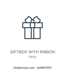 Giftbox with ribbon icon. Thin linear giftbox with ribbon outline icon isolated on white background from party collection. Line vector sign, symbol for web and mobile