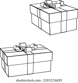 Giftbox. Set. Vector line illustration. Realistic gift box, with a bow, isolated on a transparent background. Cube shaped box, tied with wrapping ribbon, standing on a surface.