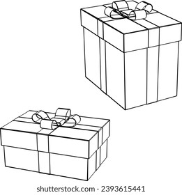 Buzón de regalo. Establecer. Ilustración de la línea del vector. Caja de regalo isométrica, con arco, aislada en un fondo transparente. Caja en forma de cubo, atada con cinta de envoltura, de pie sobre una superficie.