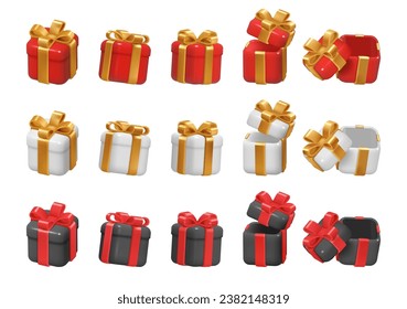 Giftboxes with decorative ribbons and opening lid. Vector isolated 3d icon set, cardboard box with surprise on holiday celebration, present for birthday, anniversary or christmas event
